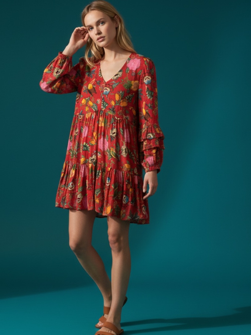 FARM Rio Red Floral Bird Print Jordan Tiered Long-Sleeve Mini Dress